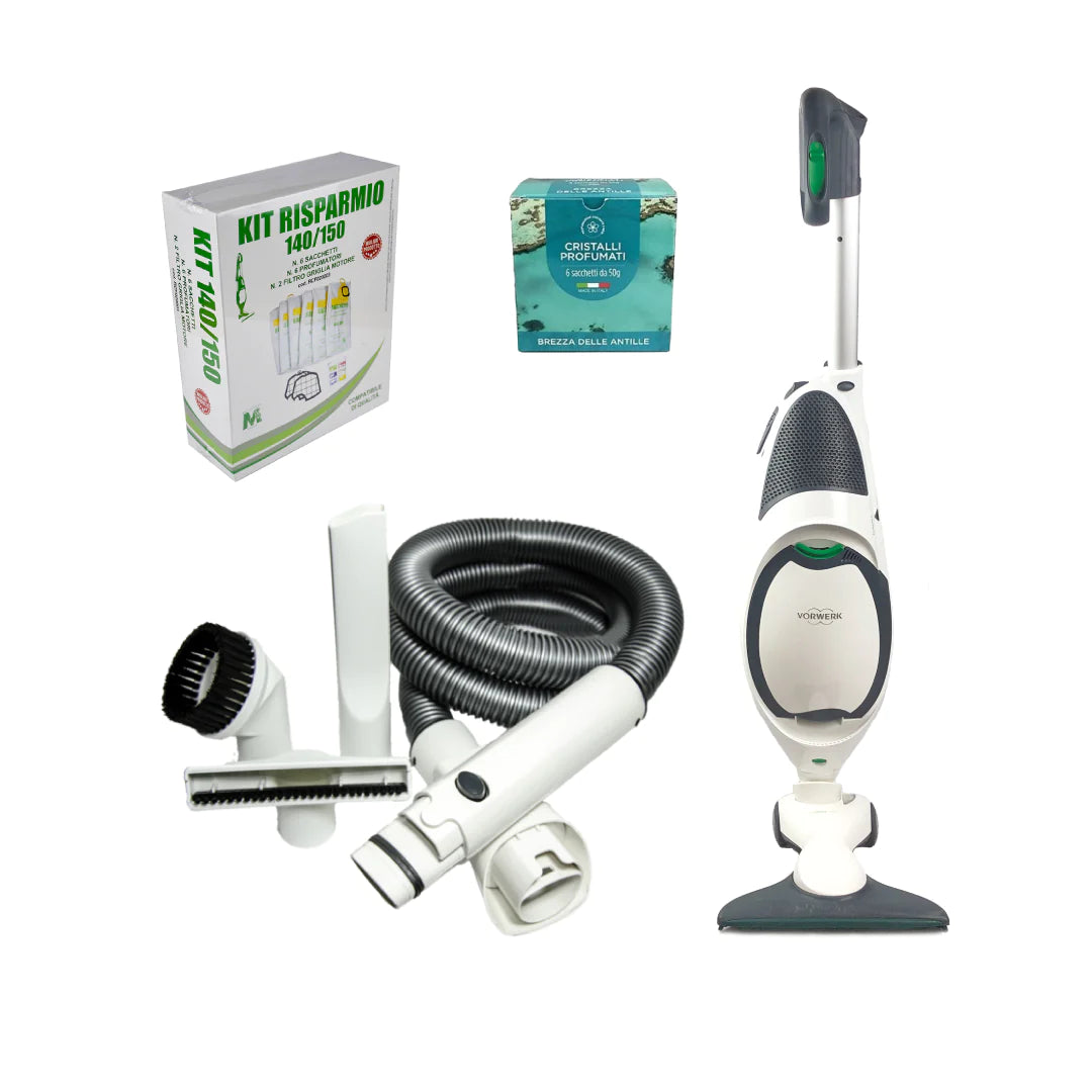 COMBO Folletto VK150 assemblato nuovo + Tubo flex e accessori + granuli profumati
