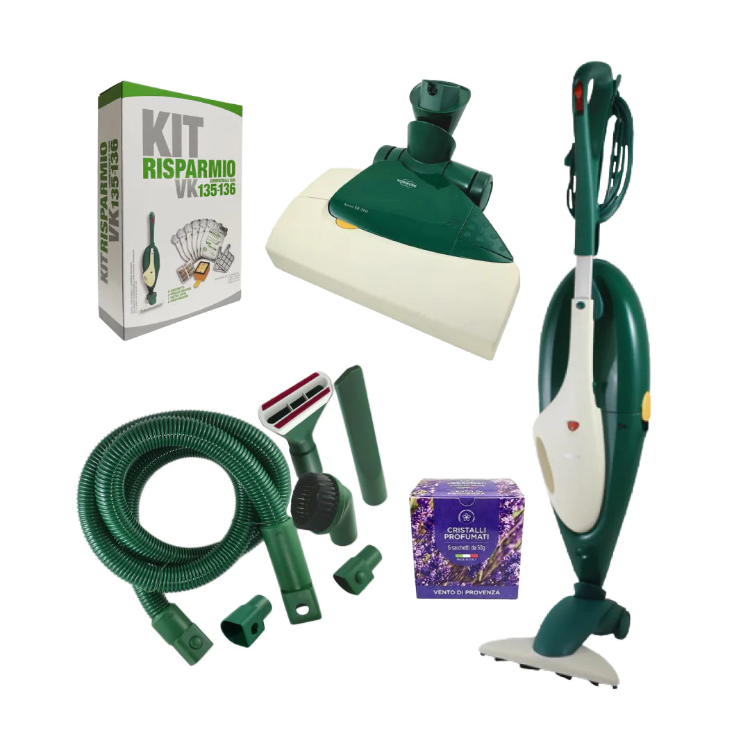 COMBO Folletto VK135 Rigenerato + Battitappeto EB350 + kit tubo flex e accessori + granuli profumati